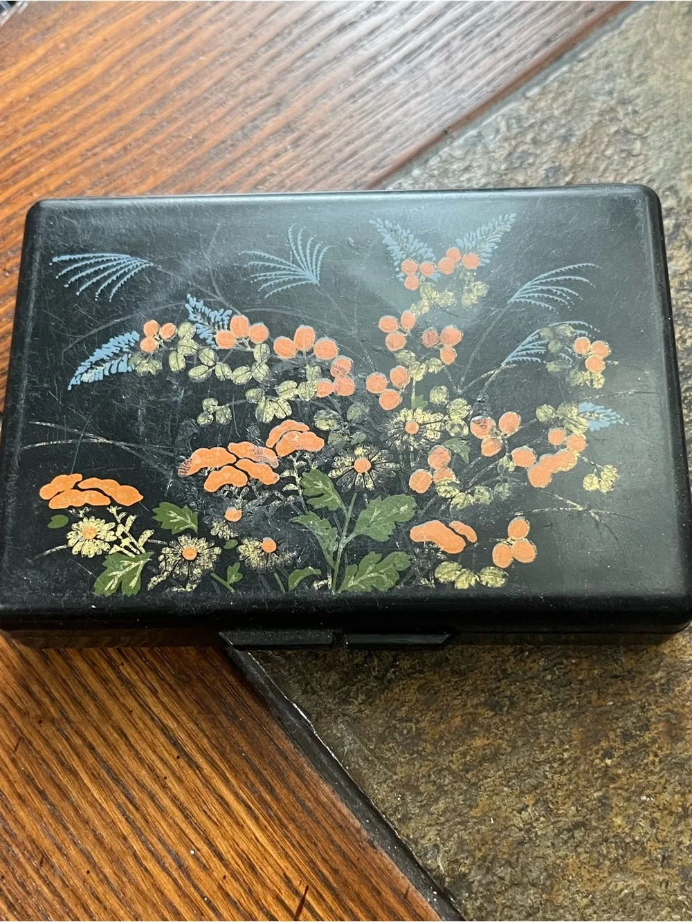 2 Black Floral Lacquer Boxes - Tissue & Makeup/jewelry holders.